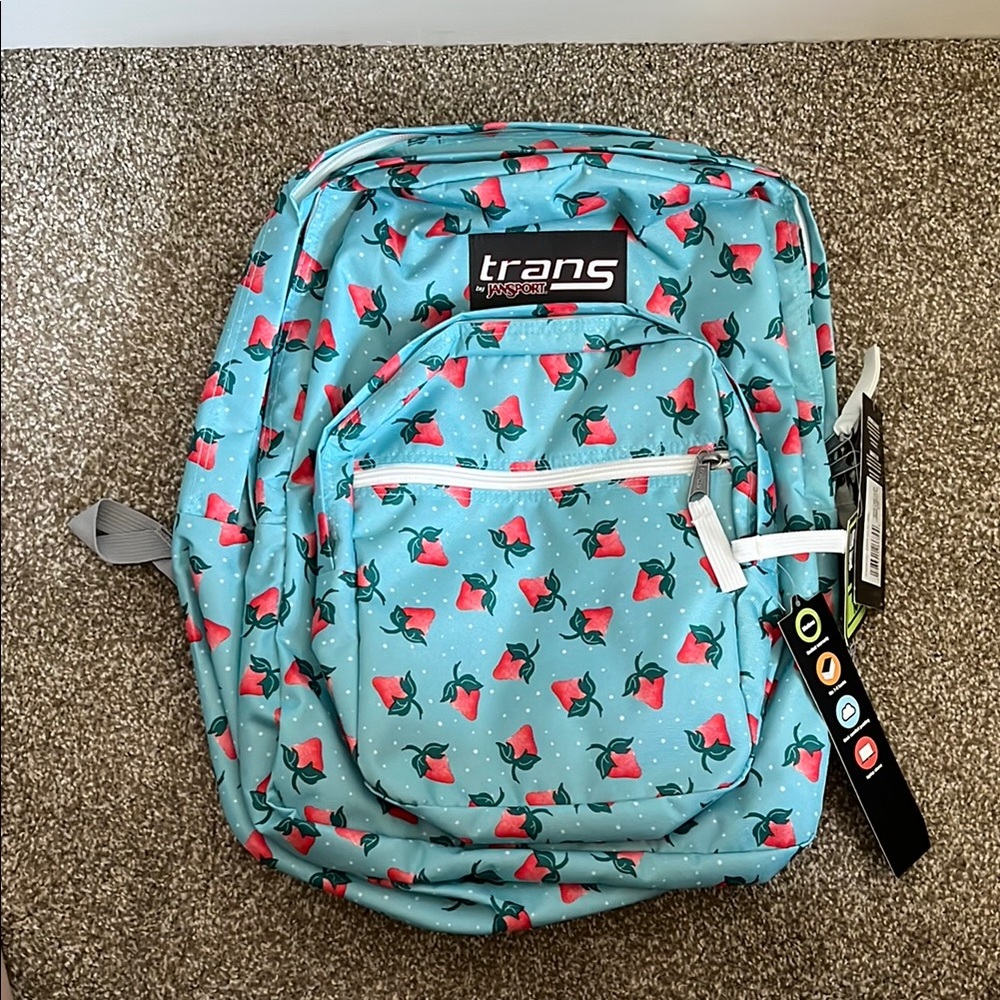 Trans by Jansport Blue Backpack with Strawberry and Polka Dot Print